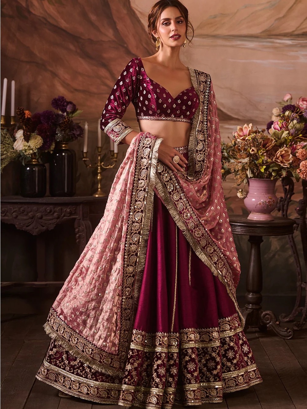 Maroon & Pink Embroidered A-Line Lehenga Dress